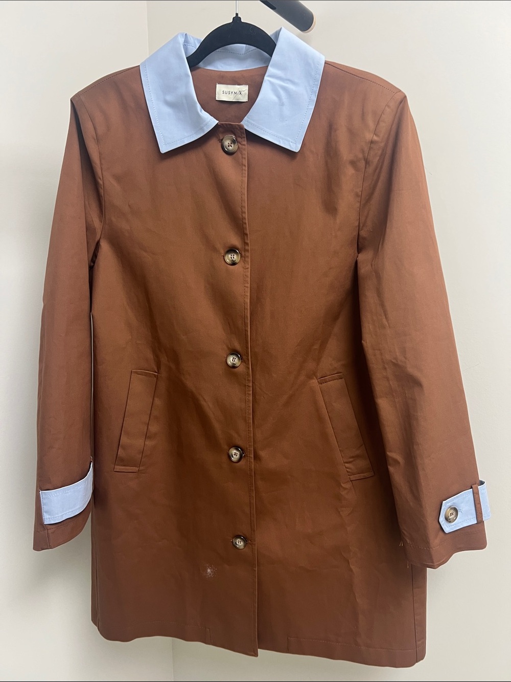 Brown Trench Coat with Light Blue Trim